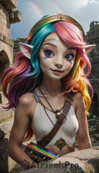 1girl,solo,long hair,breasts,looking at viewer,smile,blonde hair,bare shoulders,brown eyes,jewelry,blue hair,collarbone,upper body,pink hair,purple hair,multicolored hair,hairband,small breasts,outdoors,parted lips,sky,sleeveless,day,pointy ears,midriff,belt,artist name,cloud,necklace,blurry,two-tone hair,blue sky,lips,crop top,book,eyelashes,tattoo,gradient hair,makeup,depth of field,swept bangs,facial mark,lipstick,web address,eyeshadow,freckles,open book,nose,facepaint,strap,rainbow,mascara,rainbow hair,hat,green hair,aqua hair