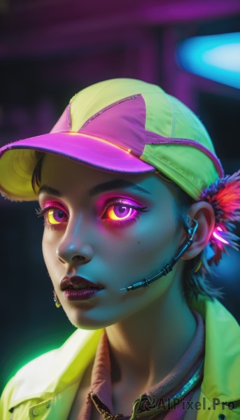 1girl,solo,looking at viewer,short hair,shirt,black hair,hair ornament,hat,jewelry,purple eyes,jacket,earrings,parted lips,collared shirt,artist name,dark skin,pink eyes,necklace,mole,blurry,dark-skinned female,lips,eyelashes,mole under eye,makeup,blurry background,glowing,colored skin,feathers,lipstick,portrait,glowing eyes,baseball cap,freckles,realistic,nose,very short hair,yellow headwear,close-up,eyeshadow,headset,visor cap,eyeliner,feather hair ornament,mascara