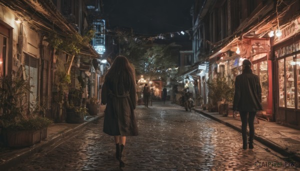 1girl, long hair, brown hair, 1boy, outdoors, sky, from behind, night, plant, ground vehicle, building, scenery, walking, city, sign, road, lamppost, street, vanishing point