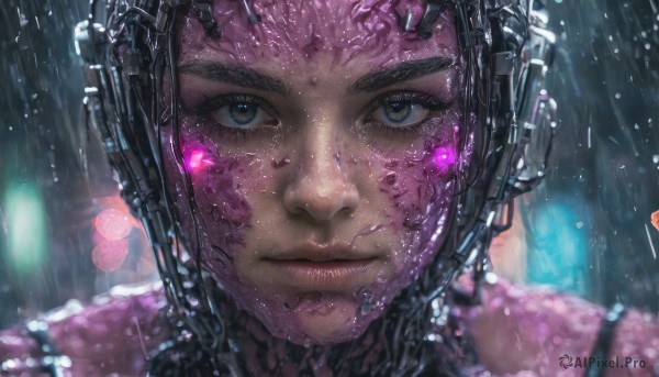 1girl, solo, looking at viewer, short hair, black hair, brown eyes, closed mouth, blurry, lips, wet, portrait, science fiction, rain, realistic, android, cyborg, cyberpunk