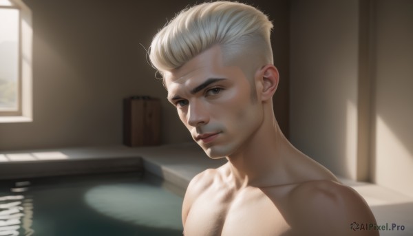 solo,looking at viewer,smile,short hair,blonde hair,1boy,closed mouth,collarbone,upper body,male focus,nude,indoors,water,lips,window,muscular,sunlight,pectorals,topless male,realistic,bathtub,chest hair,artist name,blurry,portrait