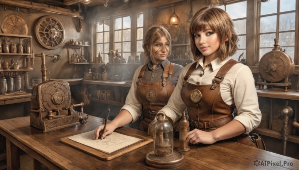 breasts,looking at viewer,smile,short hair,bangs,multiple girls,brown hair,shirt,holding,2girls,brown eyes,sitting,white shirt,collared shirt,belt,indoors,cup,lips,window,buttons,chair,table,bottle,steam,buckle,sleeves rolled up,paper,clock,pen,lamp,overalls,old,counter,steampunk,long hair,blonde hair,closed mouth,weapon,braid,day,signature,book,makeup,realistic,fantasy,leather,shelf,sleeves pushed up,jar,wooden table