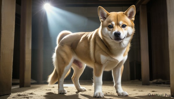 HQ,solo,looking at viewer,blue eyes,standing,full body,outdoors,day,indoors,no humans,animal,sunlight,dog,light rays,realistic,animal focus,pillar,shiba inu,signature,light,white fur,spotlight