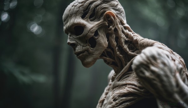 solo,1boy,upper body,male focus,teeth,blurry,from side,no humans,profile,depth of field,blurry background,skull,monster,realistic,skeleton,alien,colored skin,no eyes