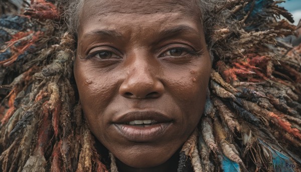 solo,looking at viewer,smile,1boy,brown eyes,male focus,parted lips,teeth,dark skin,grin,blurry,lips,dark-skinned male,feathers,portrait,close-up,realistic,dreadlocks,outdoors,sky