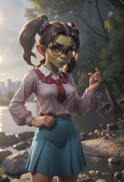 1girl,solo,long hair,breasts,looking at viewer,smile,skirt,brown hair,shirt,black hair,hair ornament,long sleeves,twintails,brown eyes,closed mouth,school uniform,standing,cowboy shot,pleated skirt,small breasts,outdoors,necktie,glasses,day,pointy ears,collared shirt,water,blurry,tree,lips,blue skirt,neckerchief,hand on hip,blurry background,colored skin,red necktie,red neckerchief,backlighting,freckles,black-framed eyewear,pink shirt,round eyewear,green skin,river,goblin,bangs,medium breasts,white shirt,artist name,hand up,medium hair,black eyes,fingernails,buttons,depth of field,sunlight,scrunchie,thick eyebrows,lens flare,hair scrunchie,nose,bokeh