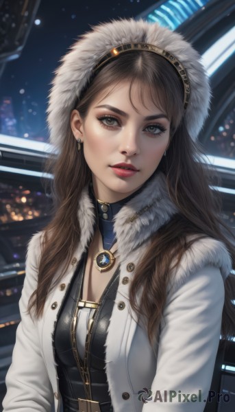 1girl,solo,long hair,breasts,looking at viewer,brown hair,long sleeves,hat,cleavage,brown eyes,jewelry,medium breasts,jacket,upper body,hairband,earrings,parted lips,open clothes,choker,hood,necklace,blurry,lips,coat,fur trim,eyelashes,makeup,night,blurry background,lipstick,zipper,open coat,realistic,nose,white coat,unzipped,winter clothes,red lips,fur-trimmed coat,city lights,bangs,open jacket,grey eyes,buttons,gem,pendant,fur collar