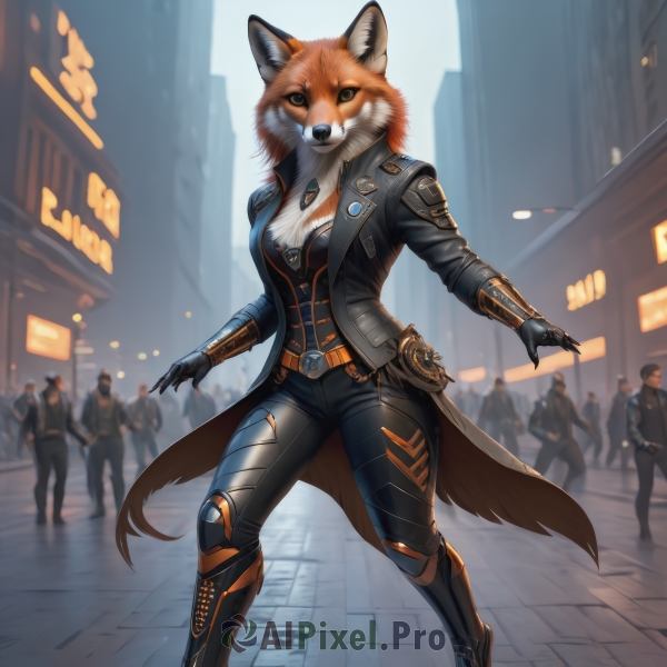 1girl,breasts,looking at viewer,gloves,long sleeves,animal ears,cleavage,medium breasts,standing,jacket,tail,yellow eyes,boots,outdoors,open clothes,solo focus,black gloves,belt,pants,artist name,black footwear,armor,blurry,open jacket,black jacket,fox ears,depth of field,blurry background,fox tail,animal,black pants,knee boots,building,claws,furry,colored sclera,science fiction,city,furry female,leather,badge,police,street,police uniform,fox,orange fur,night,walking,fur collar,realistic,white fur,crowd,people