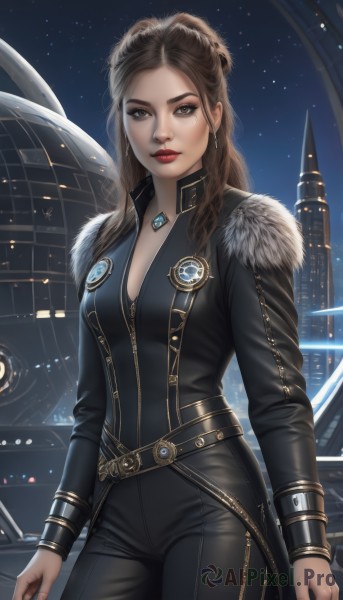 1girl,solo,long hair,breasts,looking at viewer,brown hair,long sleeves,cleavage,brown eyes,jewelry,medium breasts,closed mouth,standing,braid,cowboy shot,earrings,sky,belt,pants,artist name,necklace,lips,fur trim,bodysuit,makeup,night,black pants,lipstick,building,gem,star (sky),night sky,pendant,zipper,starry sky,science fiction,realistic,nose,red lips,leather