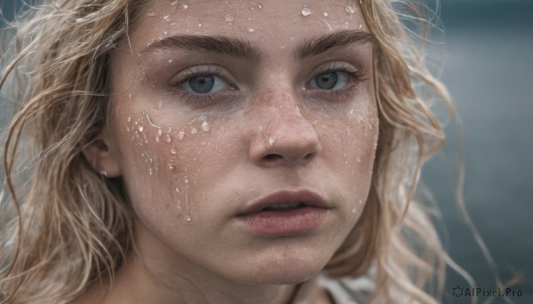 1girl,solo,long hair,looking at viewer,blonde hair,jewelry,earrings,parted lips,teeth,water,blurry,lips,wet,grey eyes,eyelashes,thick eyebrows,portrait,close-up,realistic,nose,wet hair,green eyes,artist name,blurry background,freckles,water drop