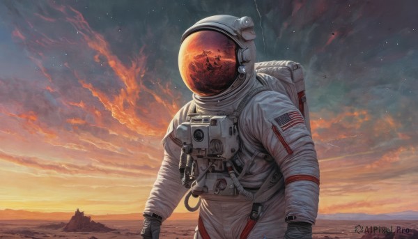 solo,gloves,outdoors,sky,cloud,signature,bag,from behind,moon,backpack,helmet,cloudy sky,star (sky),scenery,1other,starry sky,reflection,science fiction,sunset,mountain,realistic,sun,horizon,space,planet,ambiguous gender,orange sky,spacesuit,space helmet,astronaut,1boy,upper body,male focus,rock,american flag,spacecraft,japanese flag