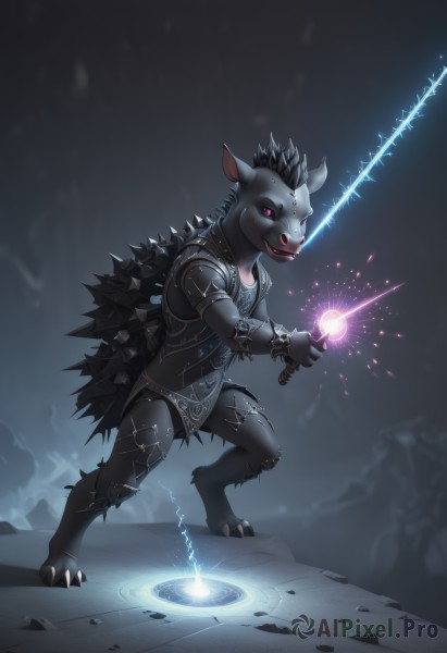 solo,looking at viewer,black hair,red eyes,1boy,holding,animal ears,standing,full body,weapon,male focus,sword,artist name,pink eyes,holding weapon,armor,facial mark,holding sword,furry,furry male,magic circle,black fur,horns,teeth,no humans,spikes,electricity,magic