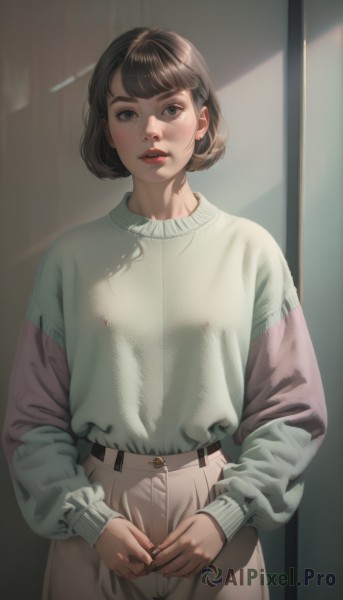 1girl,solo,looking at viewer,short hair,bangs,brown hair,shirt,long sleeves,brown eyes,jewelry,standing,cowboy shot,earrings,parted lips,teeth,pants,indoors,sweater,lips,grey eyes,shadow,sunlight,bob cut,shirt tucked in,high-waist pants,blush,blue eyes,belt,makeup,thick eyebrows,lipstick,realistic,nose,red lips