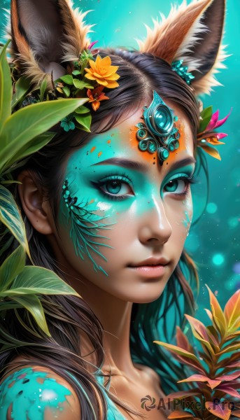 1girl,solo,long hair,looking at viewer,blue eyes,brown hair,black hair,hair ornament,animal ears,bare shoulders,closed mouth,collarbone,upper body,flower,artist name,hair flower,dark skin,aqua eyes,dark-skinned female,lips,animal ear fluff,fox ears,eyelashes,makeup,leaf,facial mark,plant,lipstick,gem,portrait,light particles,close-up,eyeshadow,realistic,yellow flower,nose,eyeliner,facepaint,forehead jewel,bodypaint,orange flower,mascara,freckles,aqua background