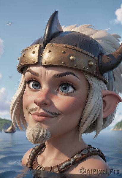 1girl,solo,smile,short hair,blue eyes,bare shoulders,jewelry,collarbone,white hair,outdoors,horns,sky,day,pointy ears,artist name,cloud,water,necklace,blurry,blue sky,lips,grey eyes,blurry background,facial hair,bird,ocean,helmet,portrait,partially submerged,freckles,realistic,nose,mustache,fake horns,closed mouth,eyelashes,beard,horned helmet