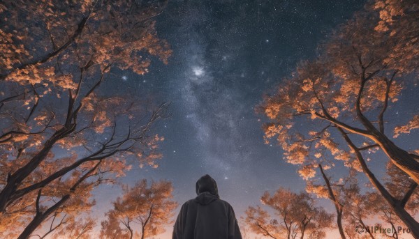 solo,black hair,1boy,jacket,upper body,male focus,outdoors,sky,hood,from behind,tree,night,leaf,from below,star (sky),nature,night sky,scenery,starry sky,facing away,autumn leaves,cloud,hood down,branch,autumn,shooting star,milky way