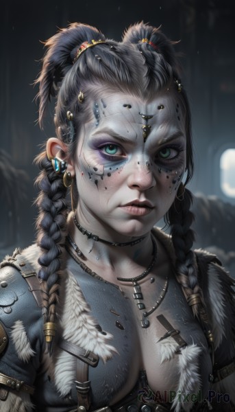 1girl,solo,long hair,breasts,looking at viewer,black hair,hair ornament,cleavage,twintails,jewelry,medium breasts,green eyes,upper body,braid,earrings,small breasts,parted lips,teeth,choker,artist name,necklace,armor,blurry,twin braids,lips,fur trim,eyelashes,makeup,depth of field,blurry background,facial mark,piercing,feathers,ear piercing,pale skin,eyeshadow,freckles,hoop earrings,realistic,nose,fantasy,eyeliner,facepaint,mascara,tooth necklace,multiple braids,blue eyes,dirty,bodypaint,nose piercing,lip piercing,tribal,eyebrow piercing,multiple piercings