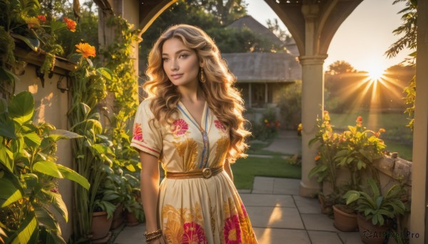 1girl,solo,long hair,breasts,looking at viewer,smile,brown hair,dress,brown eyes,jewelry,medium breasts,closed mouth,standing,collarbone,flower,short sleeves,earrings,outdoors,day,belt,dark skin,necklace,white dress,bracelet,dark-skinned female,tree,lips,eyelashes,window,makeup,wavy hair,floral print,sunlight,plant,scenery,backlighting,curly hair,light rays,hoop earrings,door,arms at sides,sun,potted plant,print dress,flower pot,vines,arch