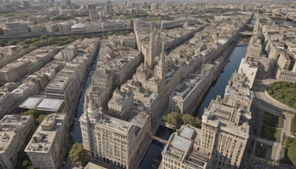 outdoors,sky,water,tree,no humans,from above,building,scenery,city,cityscape,ruins,bridge,river,skyscraper,day,landscape