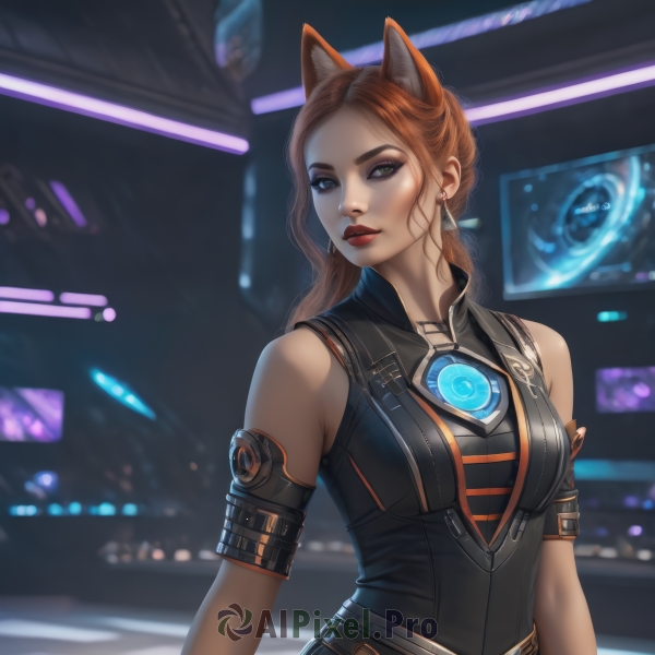 1girl,solo,long hair,breasts,looking at viewer,brown hair,animal ears,bare shoulders,jewelry,medium breasts,green eyes,upper body,earrings,parted lips,sleeveless,belt,artist name,cat ears,blurry,lips,makeup,blurry background,heterochromia,lipstick,freckles,science fiction,red lips,neon lights,blue eyes,dress,closed mouth,red hair,fox ears,extra ears,realistic,nose