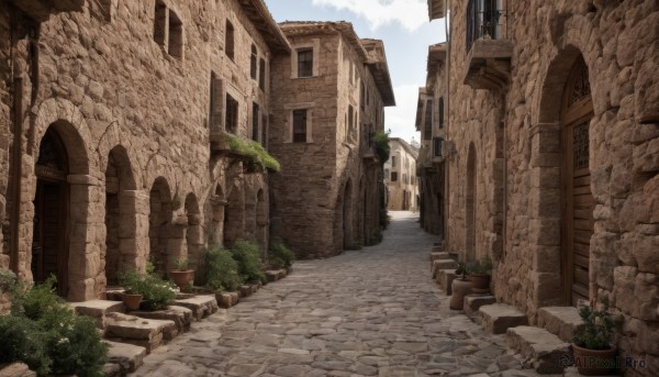 outdoors,sky,day,cloud,tree,blue sky,no humans,window,plant,building,scenery,stairs,door,potted plant,road,bush,wall,ruins,pillar,arch,grass,architecture,path,pavement,stone floor