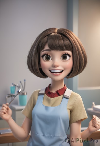 1girl,solo,breasts,looking at viewer,smile,short hair,open mouth,bangs,brown hair,shirt,holding,brown eyes,upper body,short sleeves,:d,small breasts,teeth,collared shirt,indoors,blunt bangs,blurry,apron,lips,depth of field,blurry background,fangs,bob cut,red shirt,freckles,female child,kitchen,toothbrush,artist name,eyelashes,watermark,wing collar,yellow shirt,realistic,nose,sink