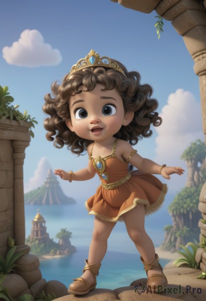 1girl,solo,looking at viewer,smile,open mouth,brown hair,dress,bare shoulders,brown eyes,jewelry,standing,full body,outdoors,sky,day,cloud,dark skin,water,necklace,black eyes,flat chest,bracelet,dark-skinned female,tree,blue sky,ocean,short dress,sandals,tiara,crown,child,armlet,curly hair,anklet,female child,short hair,blue eyes,shoes,brown footwear,rock,orange dress