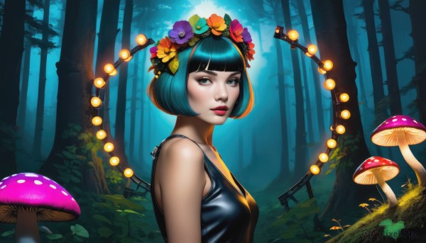 1girl,solo,breasts,looking at viewer,short hair,bangs,blue eyes,black hair,hair ornament,dress,bare shoulders,medium breasts,blue hair,upper body,flower,multicolored hair,outdoors,sleeveless,hair flower,blunt bangs,black eyes,black dress,from side,two-tone hair,tree,lips,eyelashes,aqua hair,makeup,night,watermark,bob cut,lipstick,nature,web address,eyeshadow,forest,realistic,nose,purple flower,red lips,head wreath,mushroom,mascara