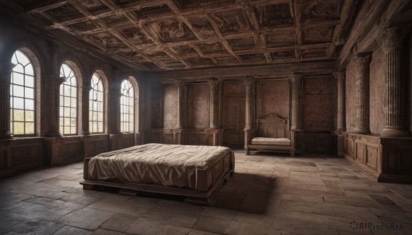 day,indoors,no humans,window,bed,chair,sunlight,curtains,scenery,light rays,wooden floor,stairs,door,pillar,carpet,arch,bed sheet,table,tiles,wall,tile floor,floor,ceiling