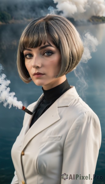 1girl,solo,breasts,looking at viewer,short hair,bangs,blue eyes,blonde hair,brown hair,shirt,closed mouth,jacket,upper body,blurry,lips,coat,looking to the side,grey eyes,makeup,buttons,blurry background,turtleneck,bob cut,white jacket,smoke,cigarette,realistic,nose,smoking,long sleeves,medium breasts,outdoors,sky,cloud,black shirt,eyelashes,labcoat,white coat