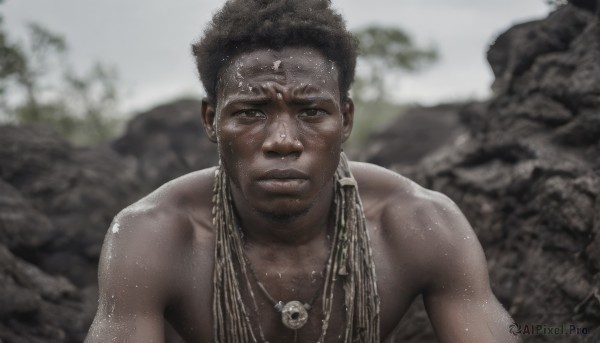 solo,looking at viewer,short hair,black hair,1boy,brown eyes,jewelry,closed mouth,upper body,male focus,outdoors,dark skin,necklace,blurry,wet,blurry background,facial hair,dark-skinned male,beard,rock,realistic,wet hair,very dark skin,photo background,dreadlocks,muscular,pectorals,muscular male,portrait,bara,mature male,chest hair,skull necklace