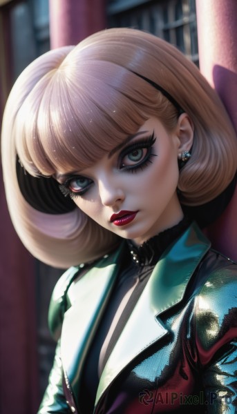 1girl,solo,looking at viewer,short hair,bangs,blue eyes,blonde hair,jewelry,closed mouth,green eyes,jacket,upper body,hairband,earrings,artist name,blunt bangs,medium hair,blurry,lips,eyelashes,makeup,blurry background,bob cut,lipstick,eyeshadow,nose,red lips,eyeliner,mascara,parted lips,shiny,formal,realistic