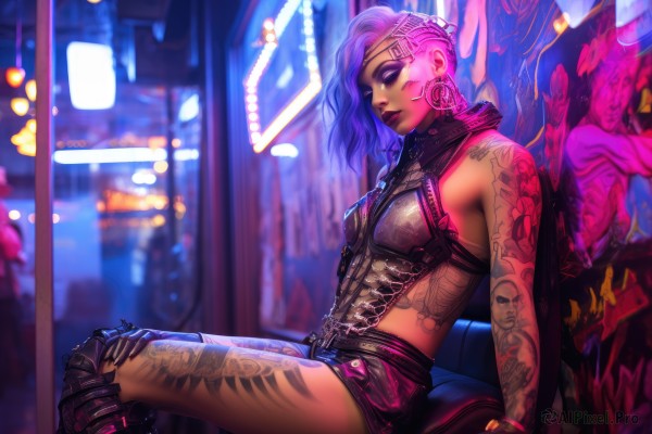 1girl,solo,long hair,breasts,short hair,gloves,bare shoulders,jewelry,sitting,blue hair,pink hair,purple hair,earrings,small breasts,boots,shorts,alternate costume,midriff,belt,dark skin,blurry,from side,dark-skinned female,lips,short shorts,tattoo,makeup,blurry background,piercing,knee boots,lipstick,eyeshadow,city,nose,arm tattoo,undercut,leg tattoo,cyberpunk,neon lights,looking at viewer,solo focus,armor,collar,bracelet,alternate hairstyle,eyepatch,asymmetrical hair,hoop earrings,facial tattoo,mohawk,graffiti,eyebrow piercing