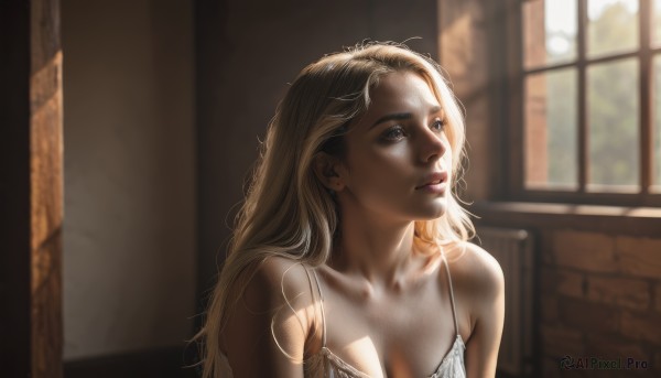 1girl,solo,long hair,breasts,blue eyes,blonde hair,cleavage,bare shoulders,brown eyes,jewelry,medium breasts,underwear,collarbone,upper body,earrings,indoors,blurry,lips,looking to the side,window,blurry background,looking away,sunlight,messy hair,realistic,nose,dress,parted lips,day,thick eyebrows,spaghetti strap,looking afar