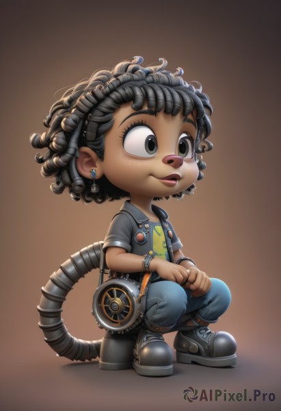 1girl,solo,short hair,shirt,black hair,1boy,jewelry,tail,full body,male focus,earrings,boots,pants,dark skin,black footwear,black eyes,bracelet,dark-skinned female,squatting,denim,child,freckles,curly hair,jeans,dreadlocks,smile,brown eyes,short sleeves,shoes,chibi,lips,gradient,gradient background,sneakers,brown background,nose,blue pants,overalls,very dark skin