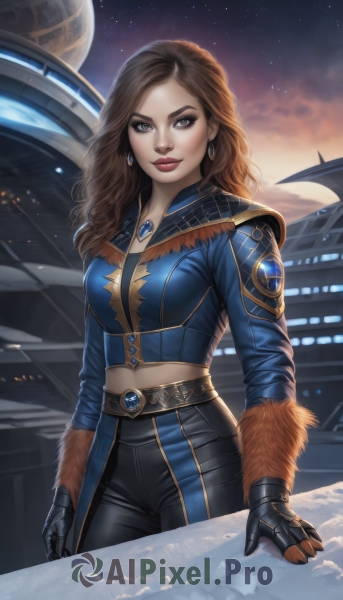 1girl,solo,long hair,breasts,looking at viewer,smile,brown hair,gloves,navel,brown eyes,jewelry,medium breasts,cowboy shot,earrings,sky,black gloves,midriff,belt,pants,cloud,necklace,lips,crop top,fur trim,makeup,night,black pants,moon,lipstick,gem,star (sky),night sky,eyeshadow,starry sky,nose,red lips,eyeliner,space,planet,long sleeves,closed mouth,standing,outdoors,artist name,wavy hair,gauntlets,backlighting,realistic