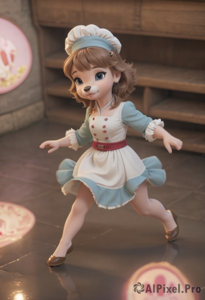 1girl,solo,looking at viewer,smile,short hair,bangs,blue eyes,brown hair,hat,dress,animal ears,closed mouth,standing,full body,frills,food,shoes,belt,indoors,medium hair,blurry,apron,buttons,blurry background,blue dress,white headwear,brown footwear,child,waist apron,white apron,furry,reflection,furry female,female child,hair ornament,long sleeves,jewelry,pantyhose,earrings,lips