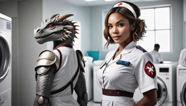 1girl,breasts,looking at viewer,smile,short hair,brown hair,red eyes,1boy,hat,brown eyes,medium breasts,upper body,horns,dark skin,uniform,dark-skinned female,lips,nurse cap,dragon,name tag,nurse,cyborg,multiple girls,2girls,armor,very dark skin