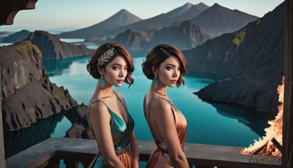 breasts,looking at viewer,smile,short hair,multiple girls,brown hair,hair ornament,dress,2girls,bare shoulders,brown eyes,jewelry,medium breasts,collarbone,upper body,braid,earrings,small breasts,outdoors,sleeveless,day,water,necklace,hair bun,lips,makeup,blue dress,siblings,single hair bun,fire,sisters,gem,reflection,twins,mountain,railing,bridge,river,mountainous horizon,lake,scenery