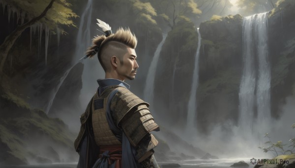 solo,blonde hair,brown hair,hair ornament,1boy,brown eyes,closed mouth,upper body,ponytail,weapon,male focus,outdoors,japanese clothes,water,armor,from side,tree,profile,facial hair,feathers,shoulder armor,nature,scenery,beard,forest,short ponytail,japanese armor,topknot,waterfall,fog,samurai,black hair,from behind,scar,realistic,shoulder pads,mohawk