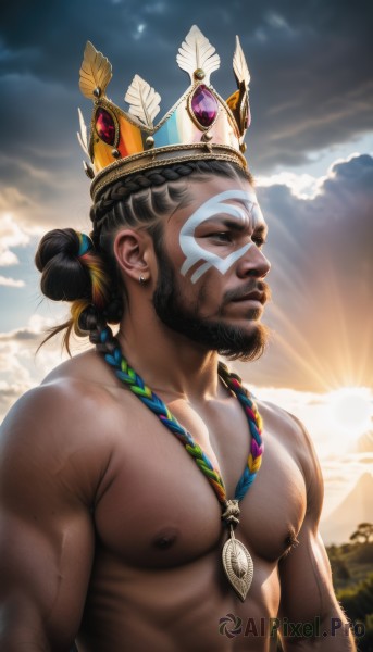 solo,black hair,1boy,jewelry,closed mouth,nipples,closed eyes,upper body,braid,male focus,earrings,outdoors,sky,day,cloud,dark skin,necklace,blurry,from side,tattoo,muscular,blurry background,facial hair,facial mark,abs,sunlight,dark-skinned male,cloudy sky,feathers,crown,pectorals,muscular male,bara,beard,large pectorals,topless male,sunset,mature male,realistic,mustache,sun,manly,chest hair,very dark skin,native american,brown eyes,piercing,facepaint,sunrise