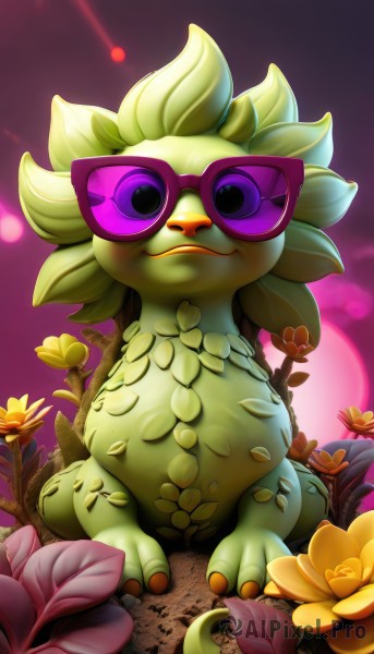 solo,looking at viewer,smile,sitting,closed mouth,purple eyes,full body,flower,glasses,pokemon (creature),no humans,leaf,sunglasses,plant,purple background,yellow flower,animal focus,outdoors,artist name,signature,colored skin,watermark,web address,realistic,green skin,pink-framed eyewear