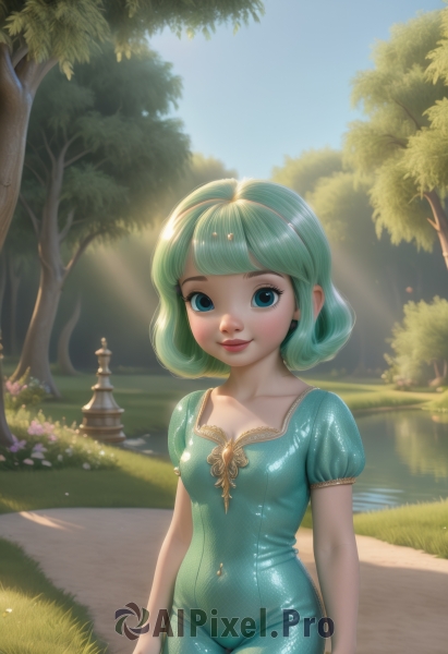 1girl,solo,breasts,looking at viewer,smile,short hair,bangs,blue eyes,dress,navel,cleavage,closed mouth,standing,collarbone,flower,short sleeves,cowboy shot,hairband,small breasts,outdoors,green hair,sky,day,puffy sleeves,shiny,artist name,blunt bangs,water,aqua eyes,tree,puffy short sleeves,lips,aqua hair,bodysuit,covered navel,sunlight,grass,nature,skin tight,shiny clothes,realistic,nose,arms at sides,bush,dappled sunlight,river,path,pond,medium breasts,green eyes,blue sky,watermark,web address,lake