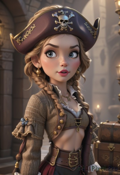 1girl,solo,long hair,breasts,looking at viewer,blush,blue eyes,skirt,blonde hair,brown hair,long sleeves,hat,navel,cleavage,jewelry,upper body,braid,earrings,small breasts,frills,parted lips,midriff,belt,indoors,necklace,blurry,twin braids,lips,looking to the side,eyelashes,blurry background,buckle,freckles,belt buckle,nose,red lips,candle,pirate hat,pirate,barrel,underwear,jacket,open clothes,teeth,artist name,bra,open jacket,crop top,makeup,looking away,lipstick,cropped jacket,brown jacket,brown belt,pearl necklace