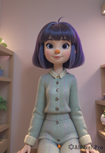 1girl,solo,looking at viewer,blush,smile,short hair,bangs,blue eyes,shirt,black hair,long sleeves,closed mouth,standing,purple hair,ahoge,cowboy shot,striped,pants,indoors,blunt bangs,medium hair,black eyes,lips,buttons,plant,child,pajamas,arms at sides,female child,potted plant,shelf,blue hair,collared shirt,bob cut,blue shirt,denim,vertical stripes