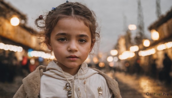 1girl,solo,looking at viewer,short hair,brown hair,hair ornament,brown eyes,jewelry,closed mouth,upper body,outdoors,hood,blurry,black eyes,lips,hoodie,depth of field,blurry background,expressionless,hood down,wind,child,portrait,forehead,realistic,drawstring,female child,white hoodie,parted lips,coat,night,bokeh