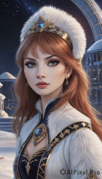 1girl,solo,long hair,breasts,looking at viewer,bangs,brown hair,hat,dress,cleavage,brown eyes,jewelry,yellow eyes,upper body,earrings,outdoors,sky,artist name,orange hair,lips,coat,fur trim,eyelashes,makeup,night,white headwear,watermark,brooch,gem,star (sky),night sky,web address,snow,starry sky,freckles,gold trim,realistic,nose,winter clothes,red lips,fur hat,small breasts,tiara,building,fur collar