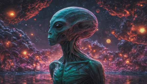 A stunning alien within a vivid fiery outdoors