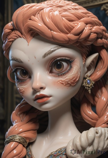 1girl,solo,long hair,looking at viewer,brown hair,brown eyes,jewelry,braid,red hair,earrings,pointy ears,necklace,orange hair,blurry,twin braids,lips,eyelashes,makeup,blurry background,slit pupils,gem,pale skin,portrait,close-up,freckles,snake,red lips,scales,multiple braids,blush,hair ornament,closed mouth,collarbone,lipstick,nose,eyeliner,crown braid,mascara