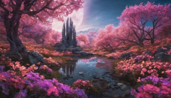 flower, outdoors, sky, cloud, water, tree, no humans, night, moon, grass, cherry blossoms, nature, night sky, scenery, full moon, pink flower, reflection, rock, mountain, fantasy, river, landscape, lake